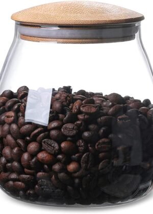 400 ML/13 FL OZ Clear Cute Glass Storage Canister Holder with Airtight Bamboo Lid, Round Modern Decorative Small Container Jar for Coffee, Spice, Candy, Salt, Cookie, Condiment, Pepper, Sugar