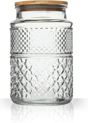 Large Glass Storage Jar, 60 FL OZ Glass Food Storage Containers with Bamboo Lid, Kitchen Containers Cereal Canisters Decorative Jar for Candy Snack Cookies Coffee Tea Nuts Airtight Glass Jars (Round)