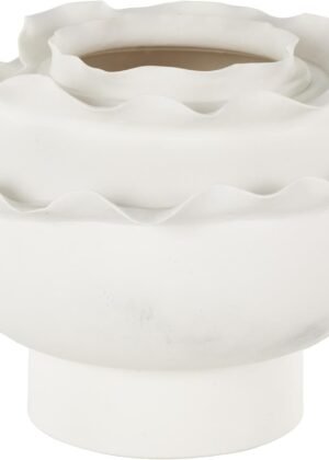 Ceramic Abstract Wide Rounded Floral  Vase with Layered Petals, 12" x 12" x 9", White