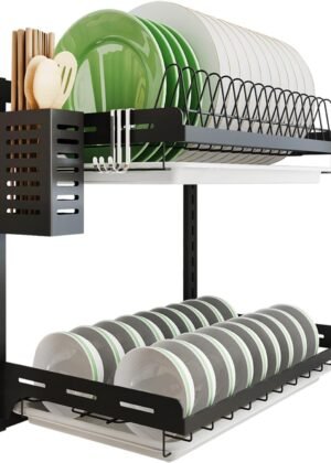 Wall-mounted double-tier dish rack (with drain plate and dish holder), black stainless steel coating, height adjustable