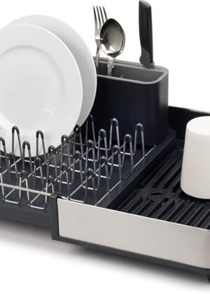 Expandable two-piece stainless steel cutlery drainer with movable cutlery drain and drain outlet, gray