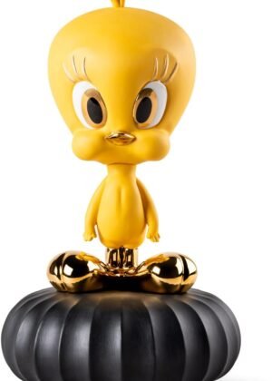 Porcelain Figure Tweety in Yellow with Matte Gold Luster Details. Decorative Figure of The Famous Looney Tunes Character