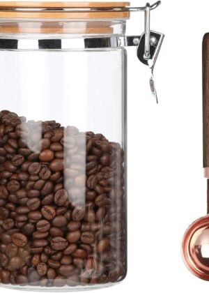 Borosilicate Glass Coffee Bean Storage Container with Airtight Lid,Glass Sealed Jar with Locking Clamp Lid for Coffee Beans,Nuts,Coffee Storage Canister with Spoon for 1 lb Bean,40 Fluid-oz