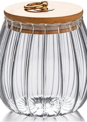 Glass Coffee Nuts Canister Airtight Storage Jar Petal Decorative Container with Bamboo Lid Metal Handle Easy to Grasp 700ml, 23 FL OZ