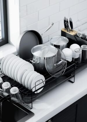 Expandable large cutlery drainer (19.2"-26.7" L x 12.9" W), with cutlery and cup holders, black