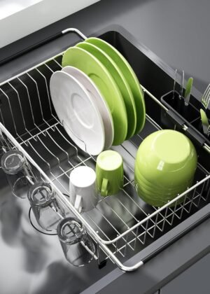 Expandable stainless steel sink cutlery drainer with cutlery holder, silver