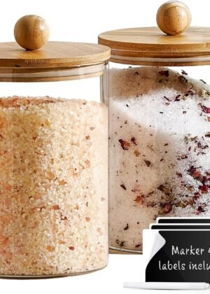Set of 2 Large Glass Canisters for Kitchen Counter with Airtight Bamboo Lids + Marker & Labels - Cookie Jars with Wooden Lid, Food Storage Containers for Pantry, Flour Pasta Candy Coffee Pods - 68oz.
