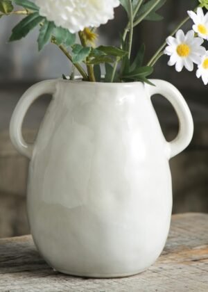 White Ceramic Vase with 2 Handles, Modern Farmhouse Vase for Home Decor, Rustic Terracotta Vase, Decorative Pottery Flower Vase, Clay Samll Vase, Centerpieces for Dining Table - 7 Inch Tall