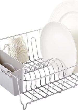 Compact 2-piece sink cutlery drainer set (including cutlery holder), rubber bottom for non-slip, silver