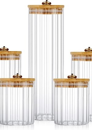 Glass Storage Jars Set of 5, Decorative Coffee Bar Container with Airtight Bamboo Lid Metal Ring for Home Kitchen Storing Candy, Cookie, Pasta, Nuts, Oatmeal and Bathroom Salt