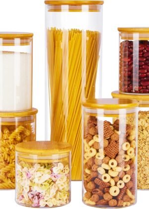 Glass Food Storage Jars, 7 Pack Kitchen Containers with Airtight Bamboo Wooden Lids for Pasta, Cookies, Nuts, Coffee Beans, Cereal, Canisters Set for Flour, Pantry Organization, BPA Free