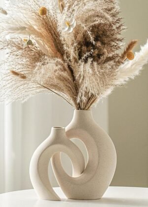 Hollow Ceramic Vase Set of 2, Nordic Modern  Decorative Ceramic Aesthetic Flower Vase for Home Decor (Milky White W 6.3" X H 8.4")