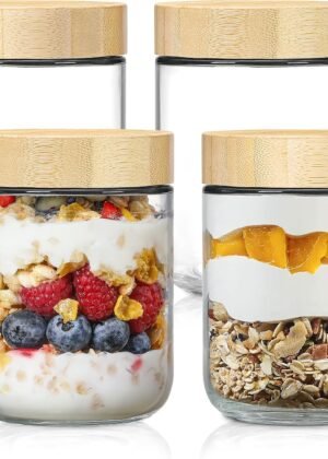 4-pack 16oz Glass jars with Airtight Lids, Overnight Oats Containers with Bamboo Lids, Wide mouth Mason Salad jars, Glass Food Storage Containers for Snacks Yogurt Spice Sugar