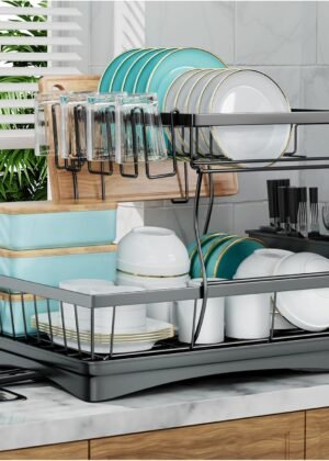Large capacity double-layer removable cutlery drainer with cutlery holder, black