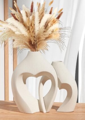 White Vases for Decor, Heart Shaped Ceramic Vase Set of 2, Heart Shaped Vases, Minimalist Decorative Vase for Table Centerpiece Wedding Dining Living Room Office House Decoration