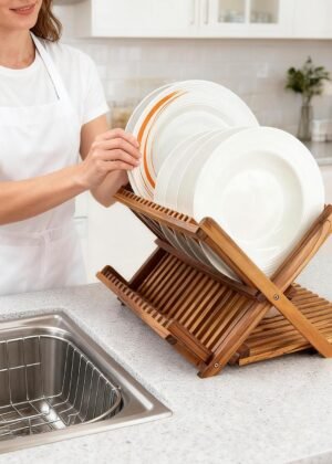 Three-tier foldable teak countertop dish rack, suitable for pasta plates and cups