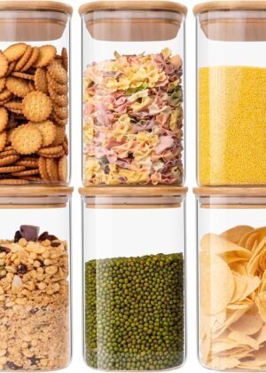 Glass Food Storage Jars 37 oz Set of 6,Glass Storage Containers Clear Glass Food Canister with Bamboo Lid Airtight For Serving Tea, Coffee, Flour, Sugar, Candy, Cookie, Spice and More (Square)
