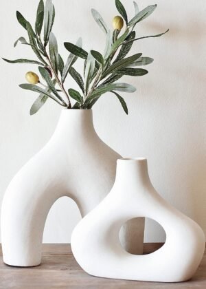 Donut Vase, Set of 2 - Minimalist Nordic, White Ceramic Hollow Donut Vase Decor | Table Centerpiece, Olive Plant, Wedding, Living Room, Bookshelf, Office, Modern Home, Entryway, Console
