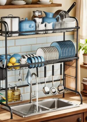 Extendable length (32.3"-33.9") Double-tier large stainless steel sink drain rack with dish holder, black