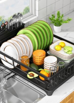 Compact black cutlery drainer with cutlery holder, saves countertop space, rust-resistant